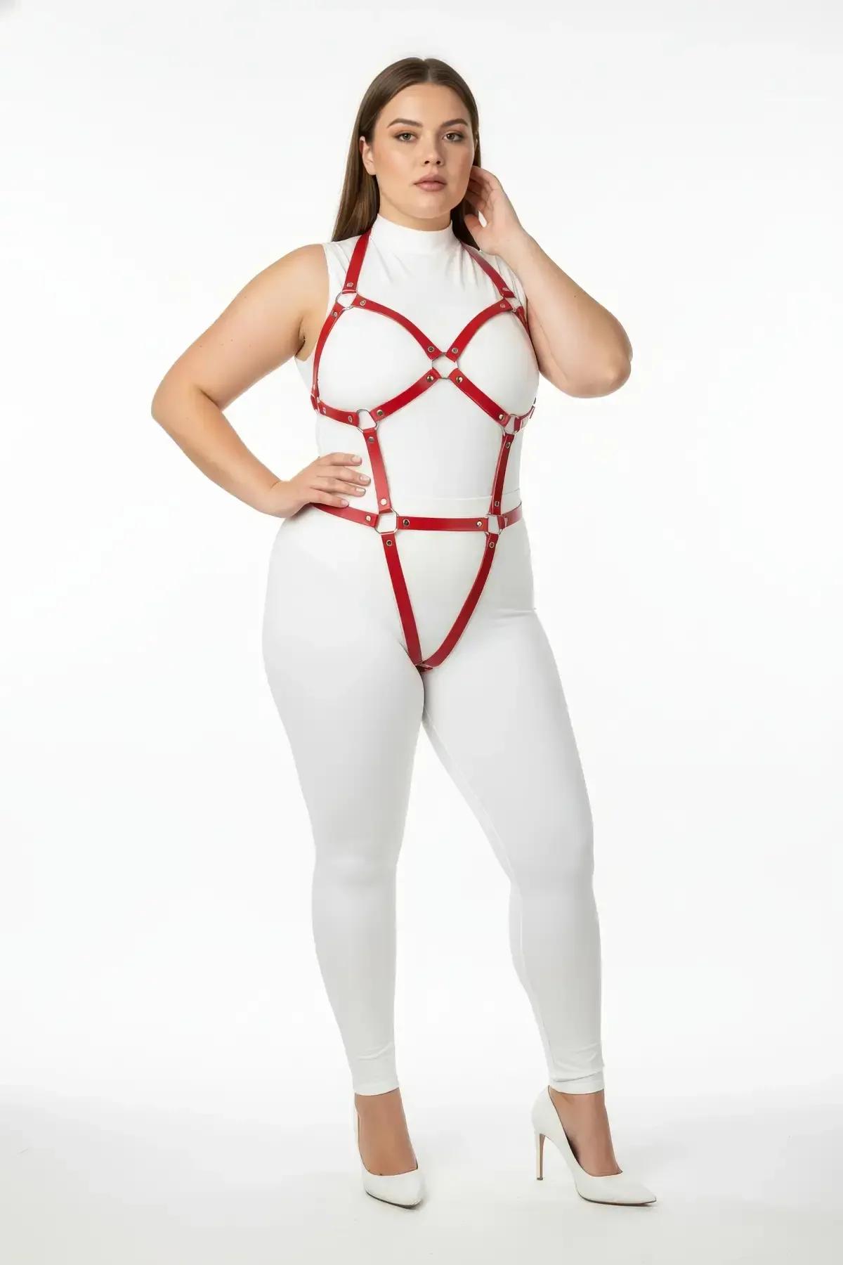 kırmızı vegan deri full body harness büyük beden altın toka çapraz bant takım