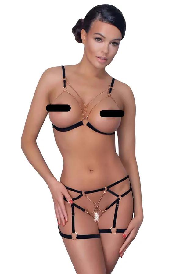 Black elastic harness bra and garter set with gold-tone chains and O-ring hardware, two-piece lingerie set