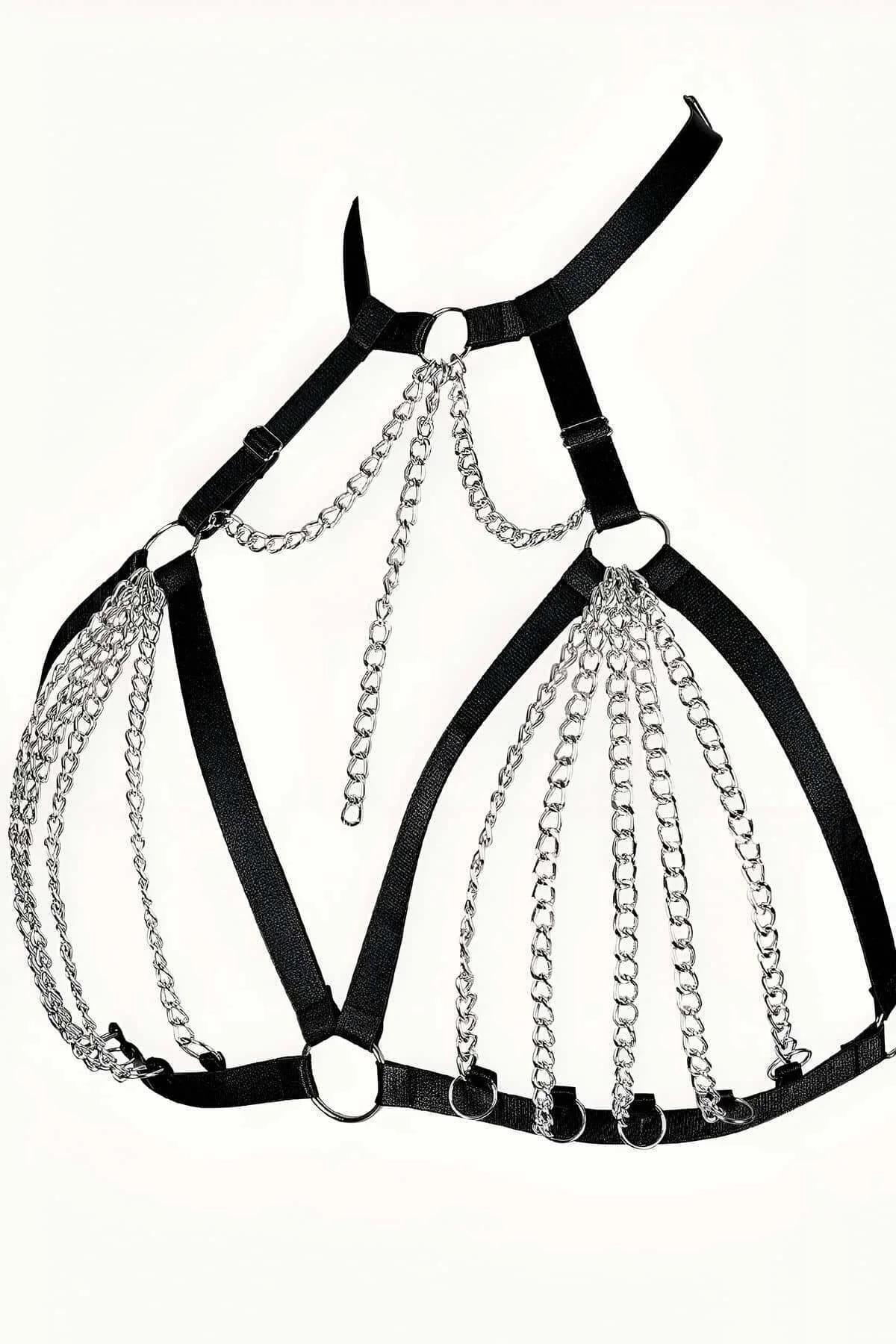 black elastic chest harness with cascading silver chainmail panels and multiple O-ring accents on white background