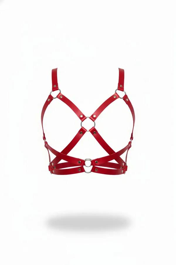 kırmızı vegan deri vücut kemeri çapraz X şerit düzen çift gümüş O halka detaylı bra harness