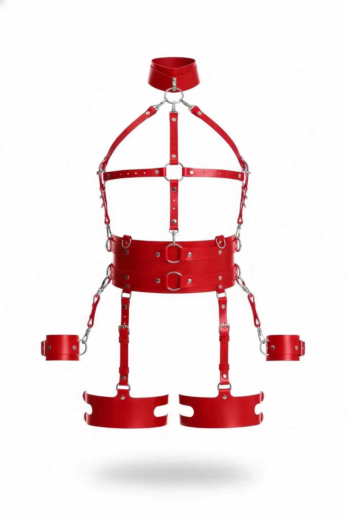 Kırmızı faux leather harness takım boyunluk bileklik ve uyluk bandı gümüş zincir D-ring detaylı komple set