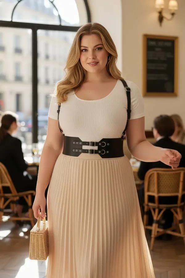 büyük beden siyah vegan deri korse kemer gümüş metal toka omuz askılı geniş bel aksesuarı