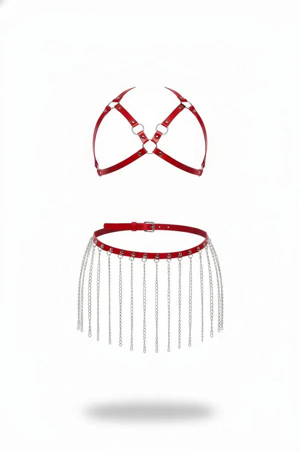 kırmızı suni deri beden harness ve gümüş zincirli bel kuşağı 2 parçalı set