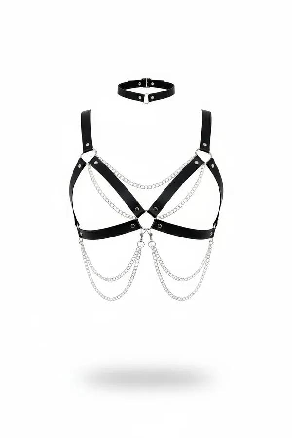 siyah vegan deri vücut harness gümüş zincir detaylı choker seti, çok katmanlı sarkma zincir