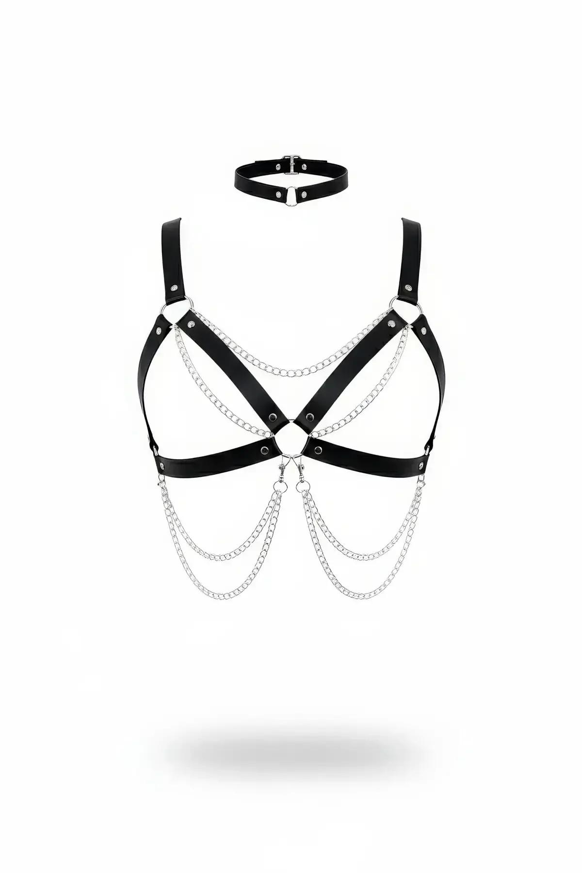 siyah vegan deri vücut harness gümüş zincir detaylı choker seti, çok katmanlı sarkma zincir