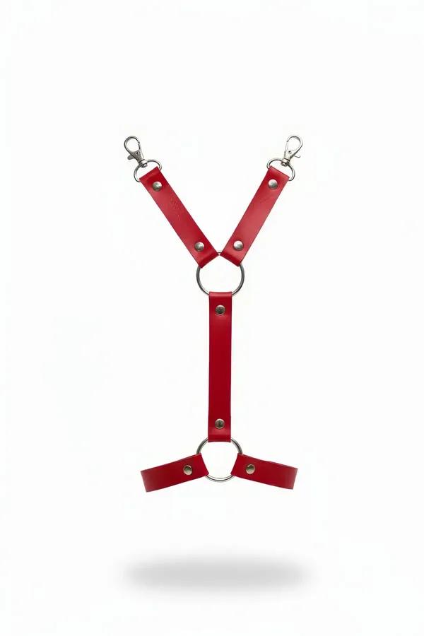 kırmızı vegan deri jartiyer harness Y-kesim gümüş metal O-halka ve ıstakoz tokalı vücut aksesuarı