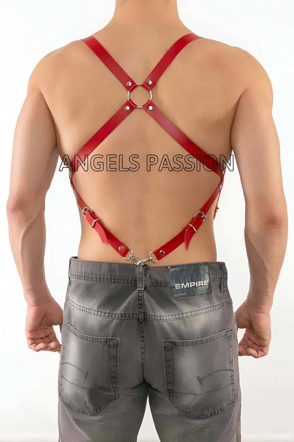 red faux leather x-back body harness with silver o-ring and suspender clips worn on male torso back view