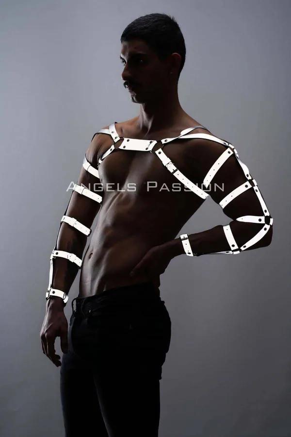 White reflective faux leather arm and chest harness set on man showing full arm cage and chest strap structure