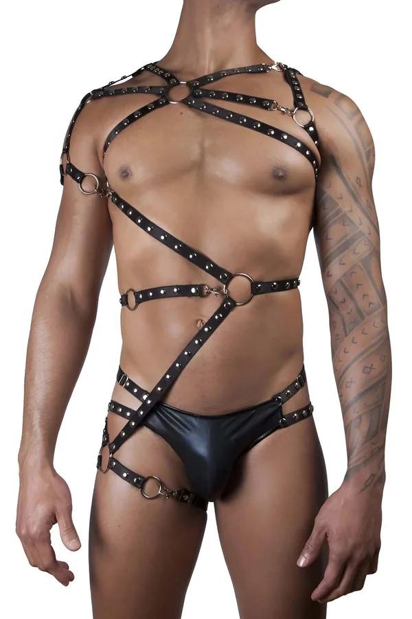 Black faux leather body harness with silver rivets and gold O-rings, diagonal chest straps and thigh bands on male model