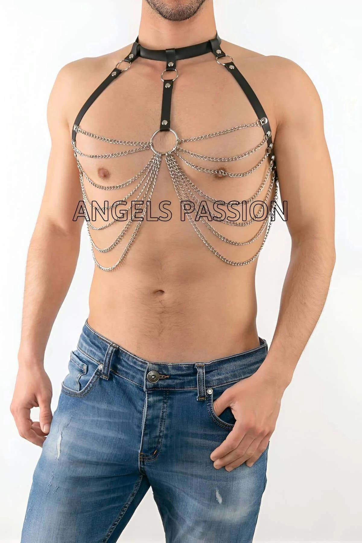 black faux leather body harness with eight layered silver chains draped from central O-ring on male model