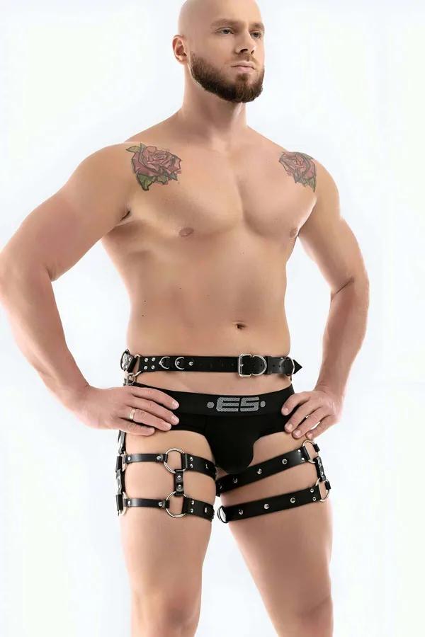 black faux leather men's waist and thigh harness with dual silver D-rings and triple adjustable thigh bands