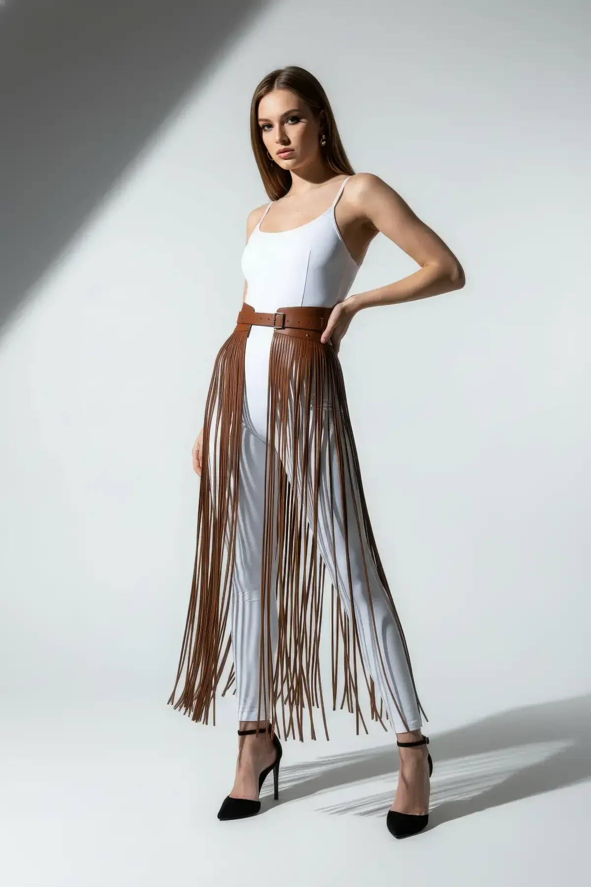Faux leather waist belt with long fringe overlay