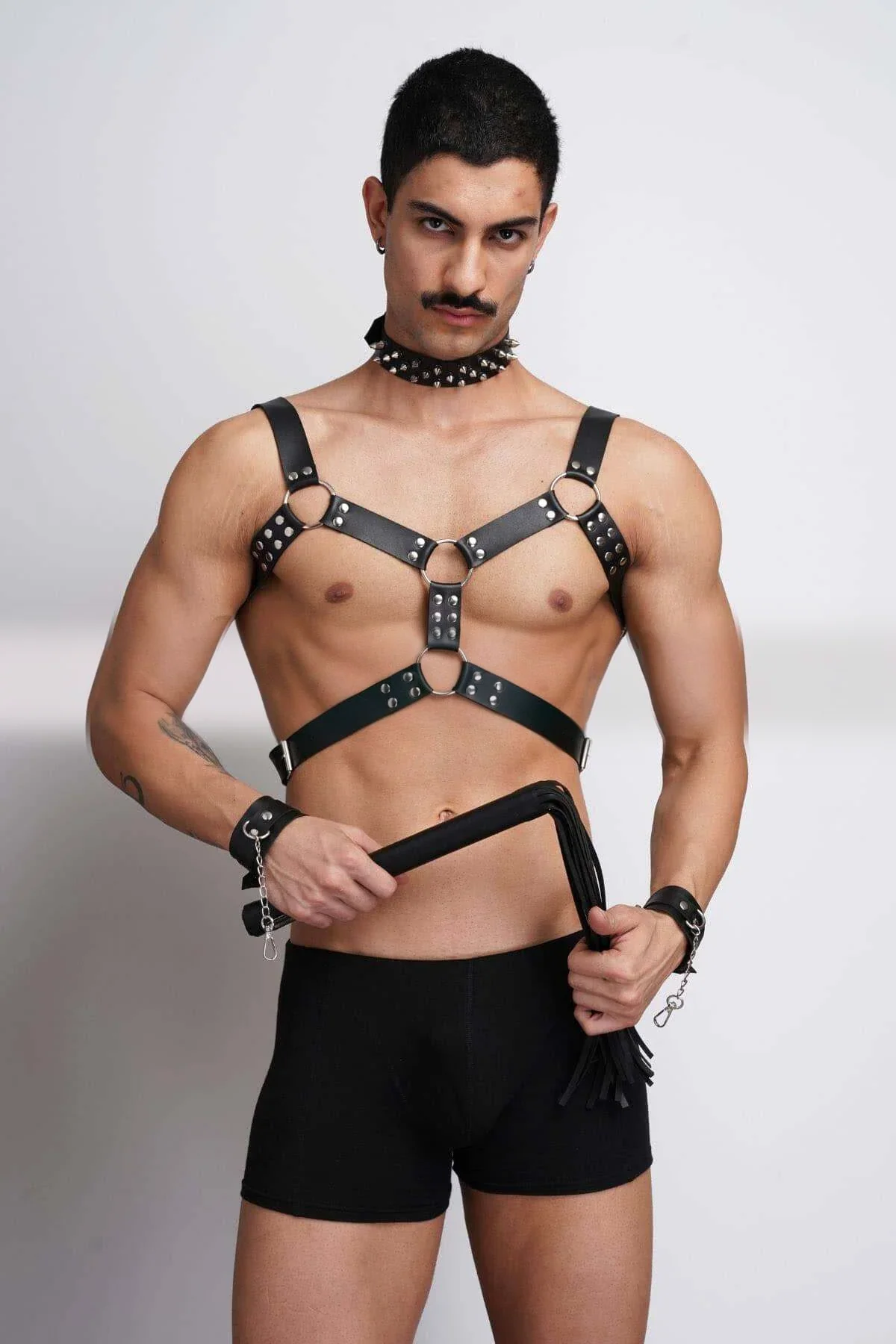 Strappy Chest Harness with Spiked Choker & Cuffs